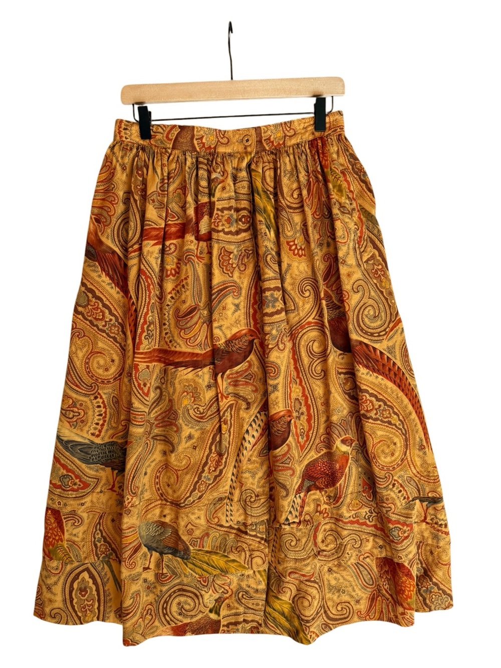 ESCADA Midi Wrap Skirt Cotton Paisley Earthtones Pheasant Birds VTG 36 EU 6 US